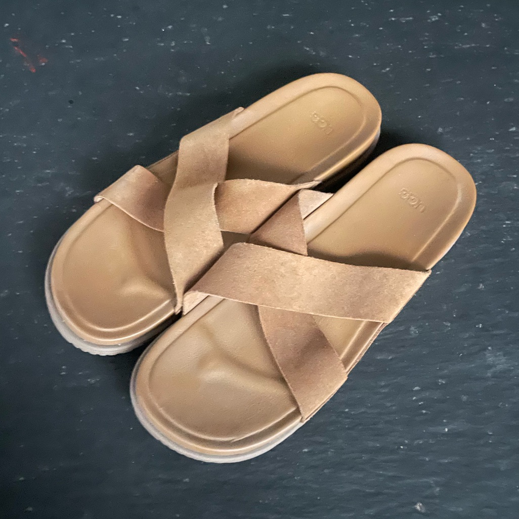 Ugg] Leather Crisscross Slide Sandals In Chestnut Brown